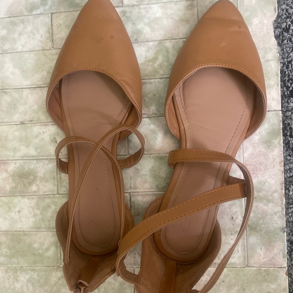 Charlotte Russe Tan Pointed-Toe Flats with Ankle Straps
